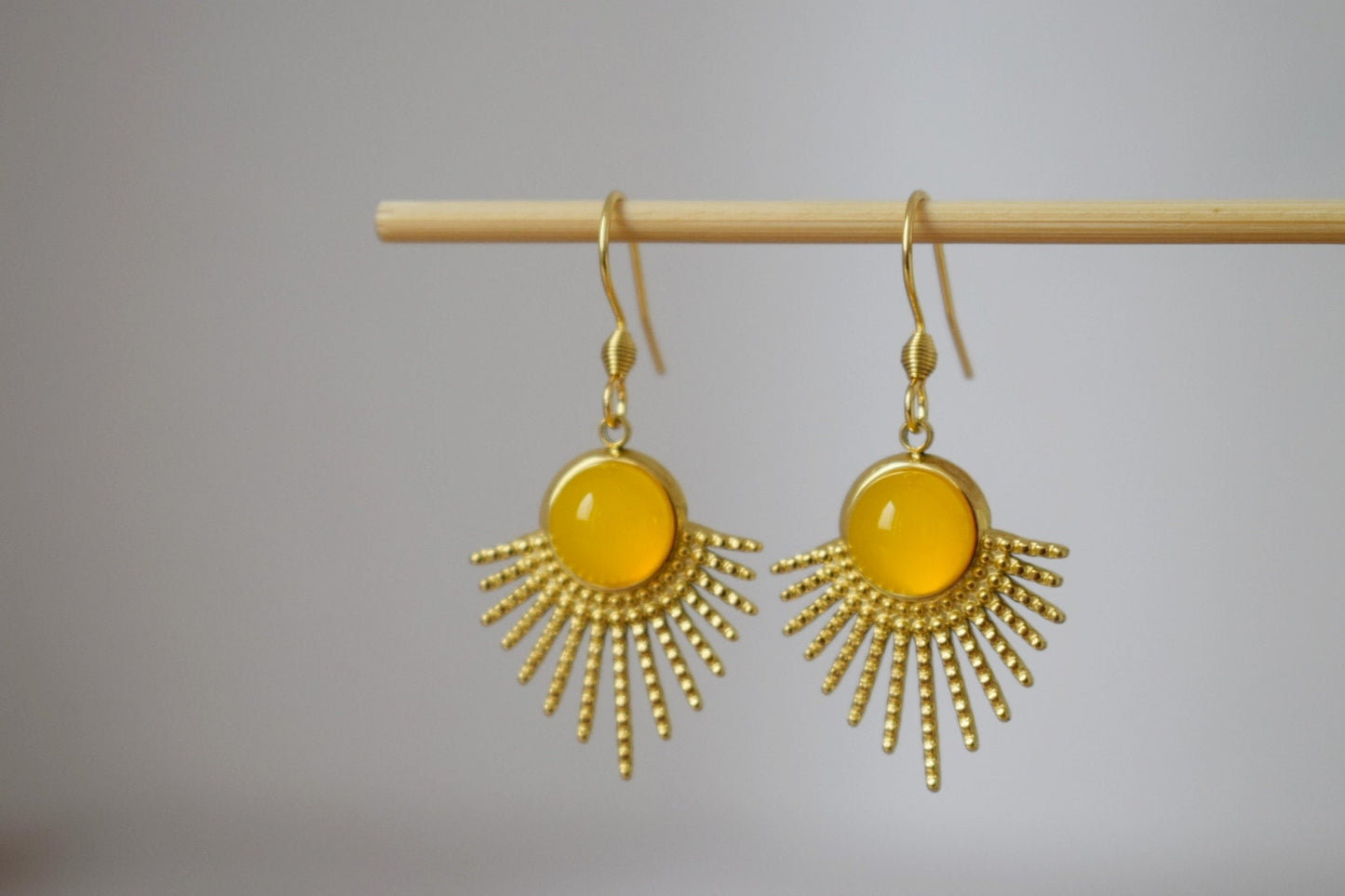Sun earrings, Yellow agate earrings, Sun rays earrings, Sunburst, Gemstone earrings, Celestial, Gold plated glowing jewelry, Gift for her