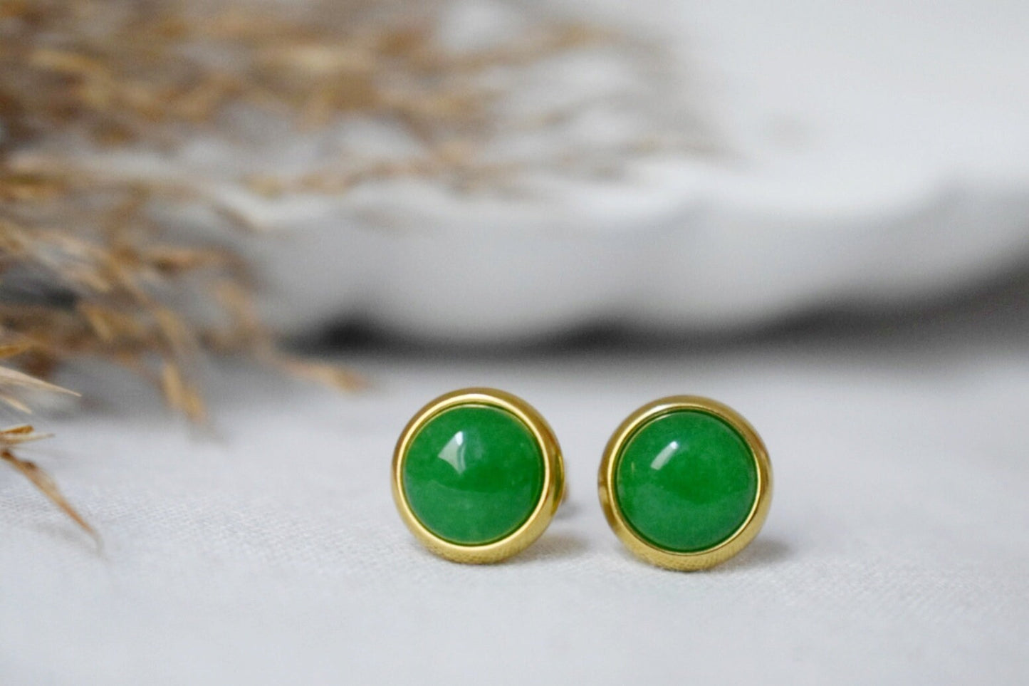 Green Jade Stud Earrings, Minimalist Gold Earrings, 8mm Earrings, Positive Jewelry, Gemstone, Birthday Anniversary Gift For Her