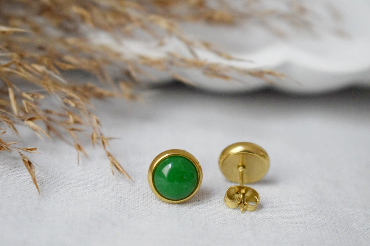 Green Jade Stud Earrings, Minimalist Gold Earrings, 8mm Earrings, Positive Jewelry, Gemstone, Birthday Anniversary Gift For Her