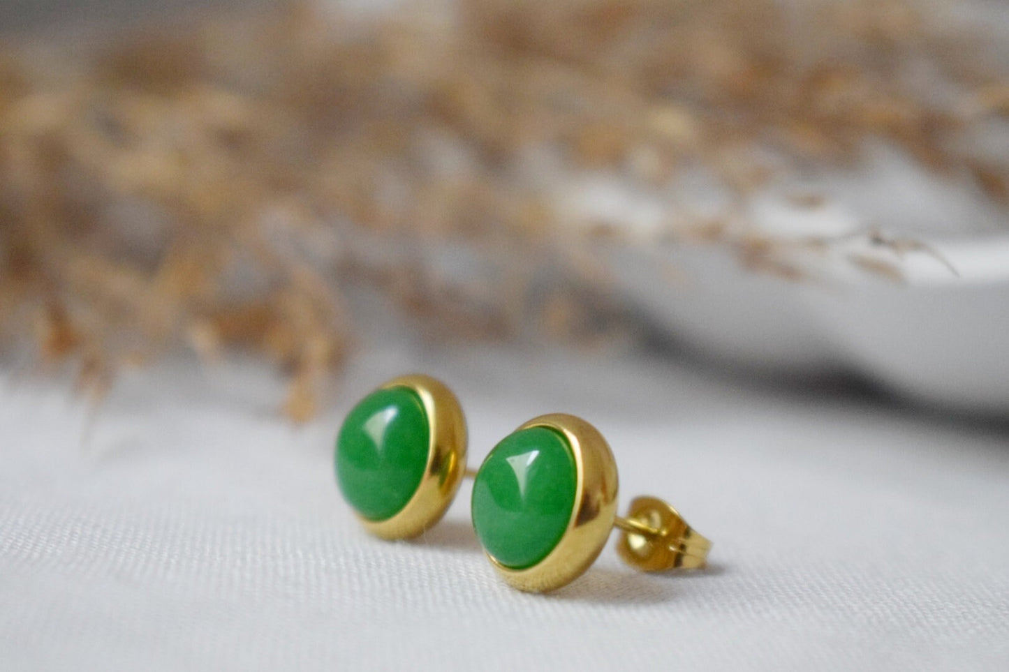 Green Jade Stud Earrings, Minimalist Gold Earrings, 8mm Earrings, Positive Jewelry, Gemstone, Birthday Anniversary Gift For Her