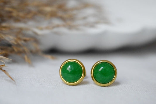 Green Jade Stud Earrings, Minimalist Gold Earrings, 8mm Earrings, Positive Jewelry, Gemstone, Birthday Anniversary Gift For Her
