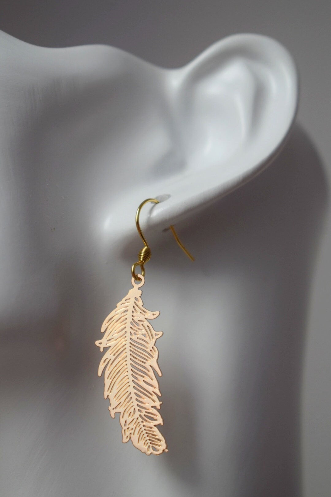 Feather gold earrings for women, 18k gold plated stainless steel ear hooks, Boho filigree gold earrings, Feather jewelry, Gift for her