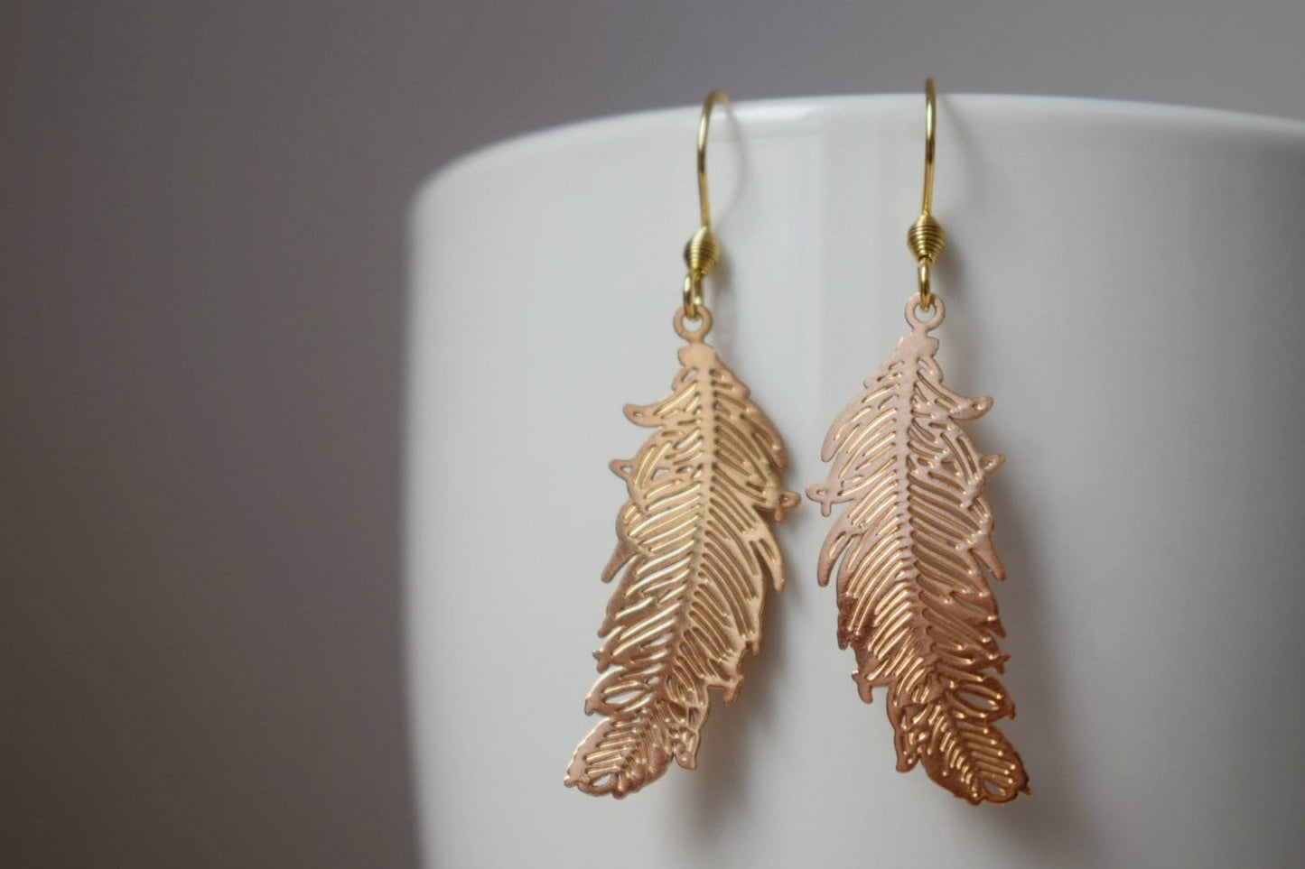 Feather gold earrings for women, 18k gold plated stainless steel ear hooks, Boho filigree gold earrings, Feather jewelry, Gift for her