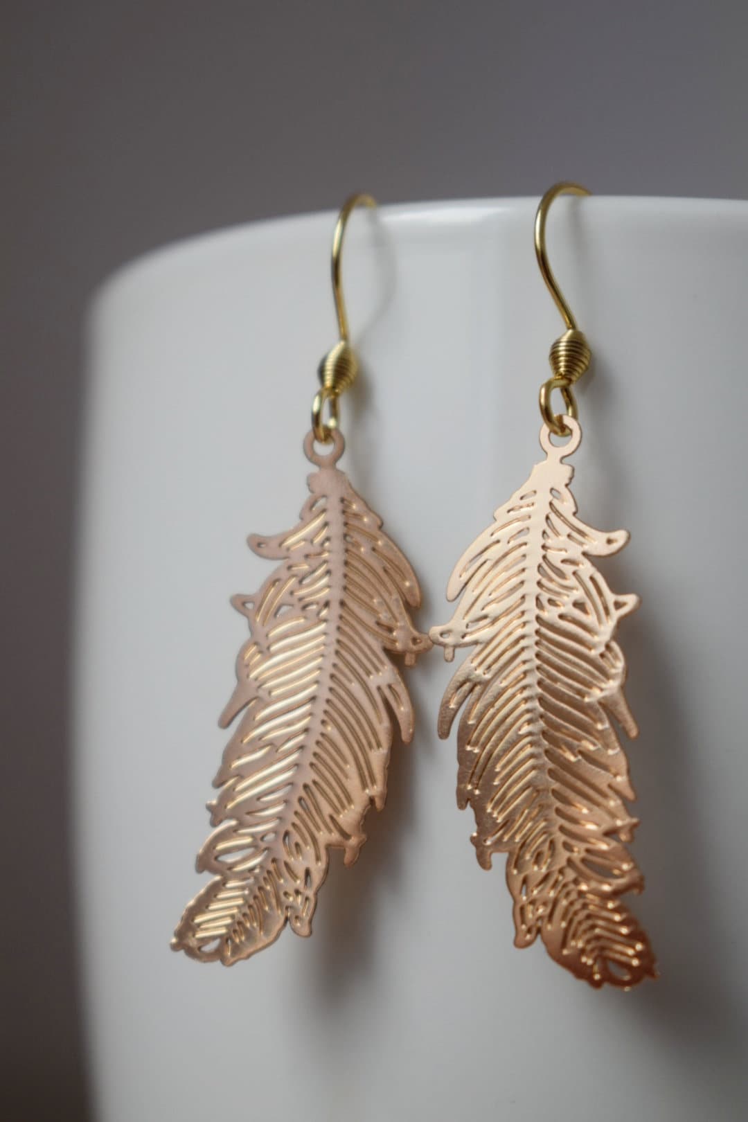 Feather gold earrings for women, 18k gold plated stainless steel ear hooks, Boho filigree gold earrings, Feather jewelry, Gift for her
