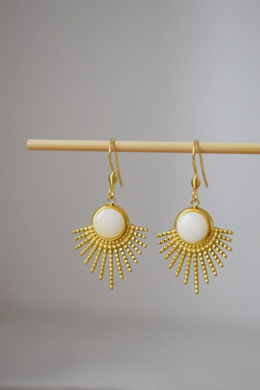 Mother of pearl earrings with 18k gold plated stainless steel sun rays pendant and earrings hooks, Sunburst, Celestial jewelry, Unique gift