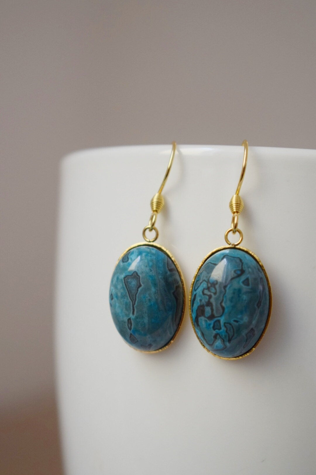 Jasper Earrings Gold Dangle, Gemstone Oval Earrings, Blue Dangle Earrings, Jasper Jewelry, Stone Earrings, Boho Earrings, Boho Jewelry