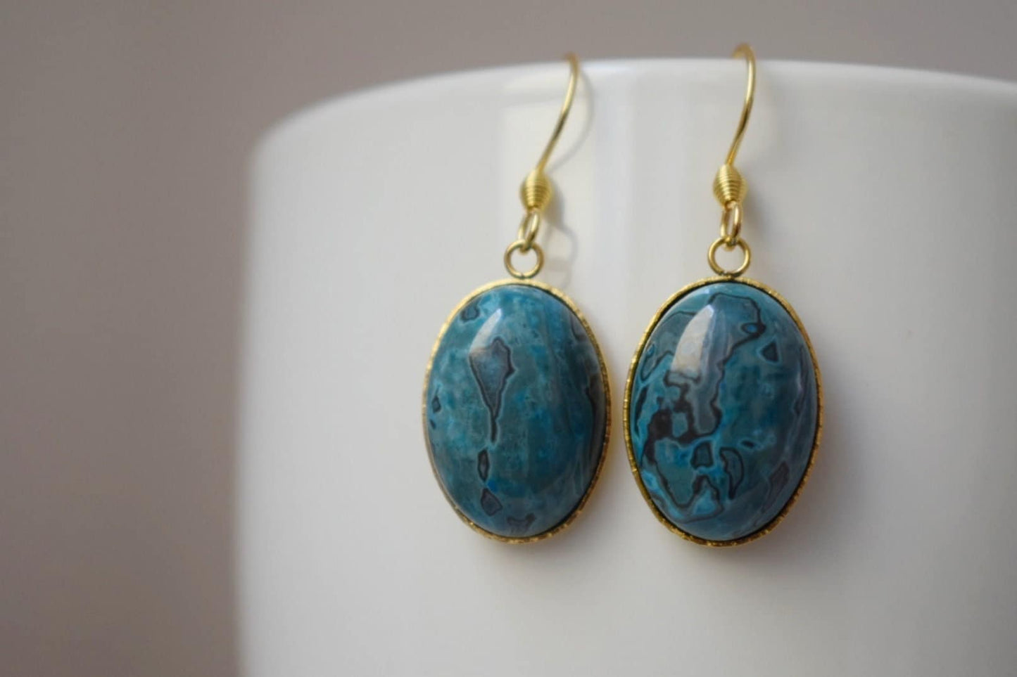 Jasper Earrings Gold Dangle, Gemstone Oval Earrings, Blue Dangle Earrings, Jasper Jewelry, Stone Earrings, Boho Earrings, Boho Jewelry