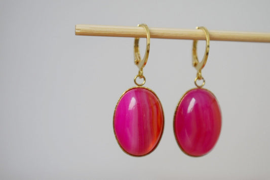 Huggie Earrings With Banded Pink Agate, Oval Gemstone Pendant, Pink Gold Stone, Handmade Jewelry, Unique Gift for her, Mother's day gift