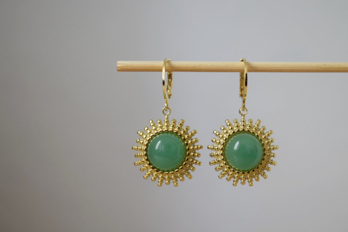 Aventurine earrings gold, Sun rays huggie earrings, Sunburst, Green gemstone drop earrings, Celestial, Aventurine jewelry, Gift for her