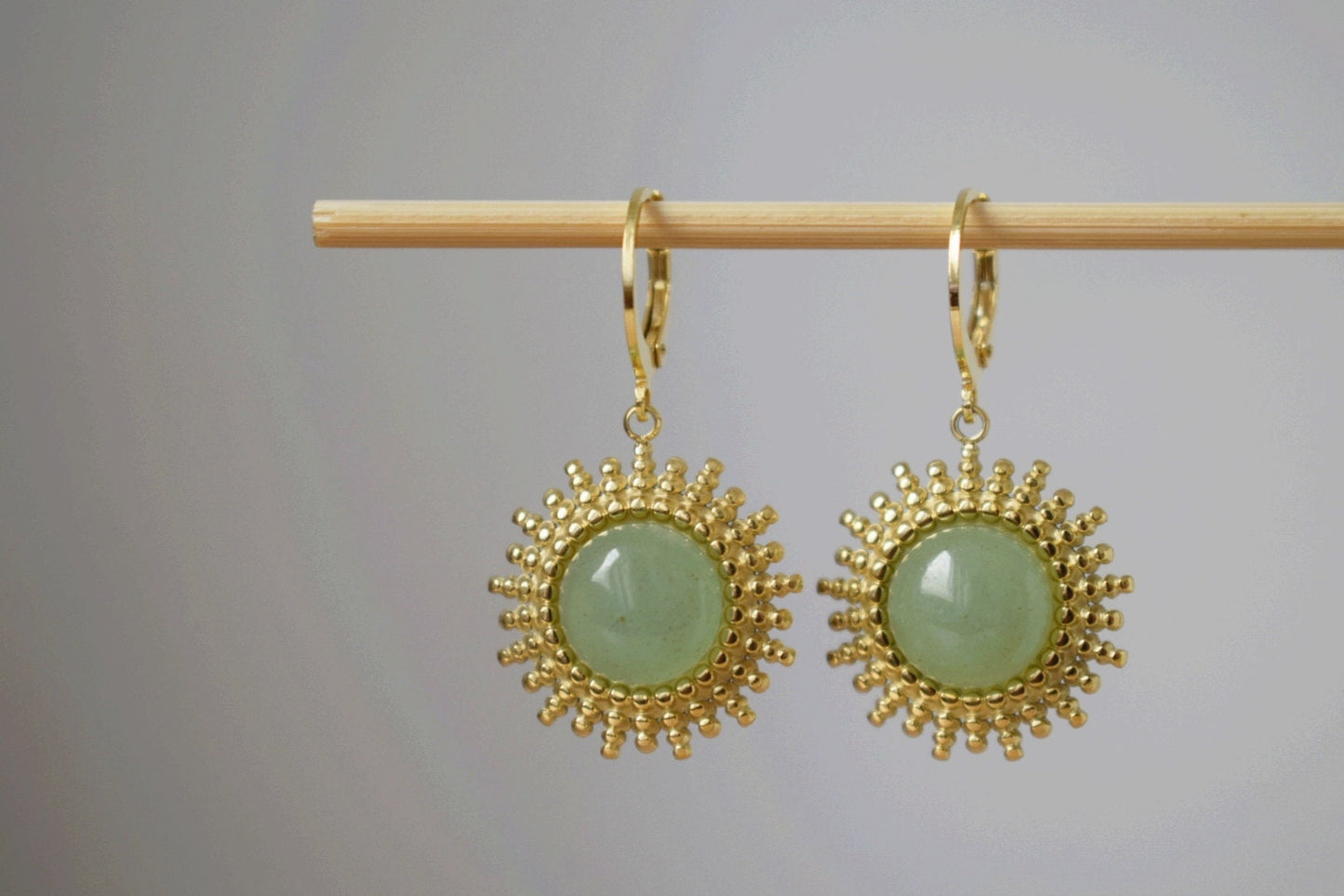 Aventurine earrings gold, Sun rays huggie earrings, Sunburst, Green gemstone drop earrings, Celestial, Aventurine jewelry, Gift for her