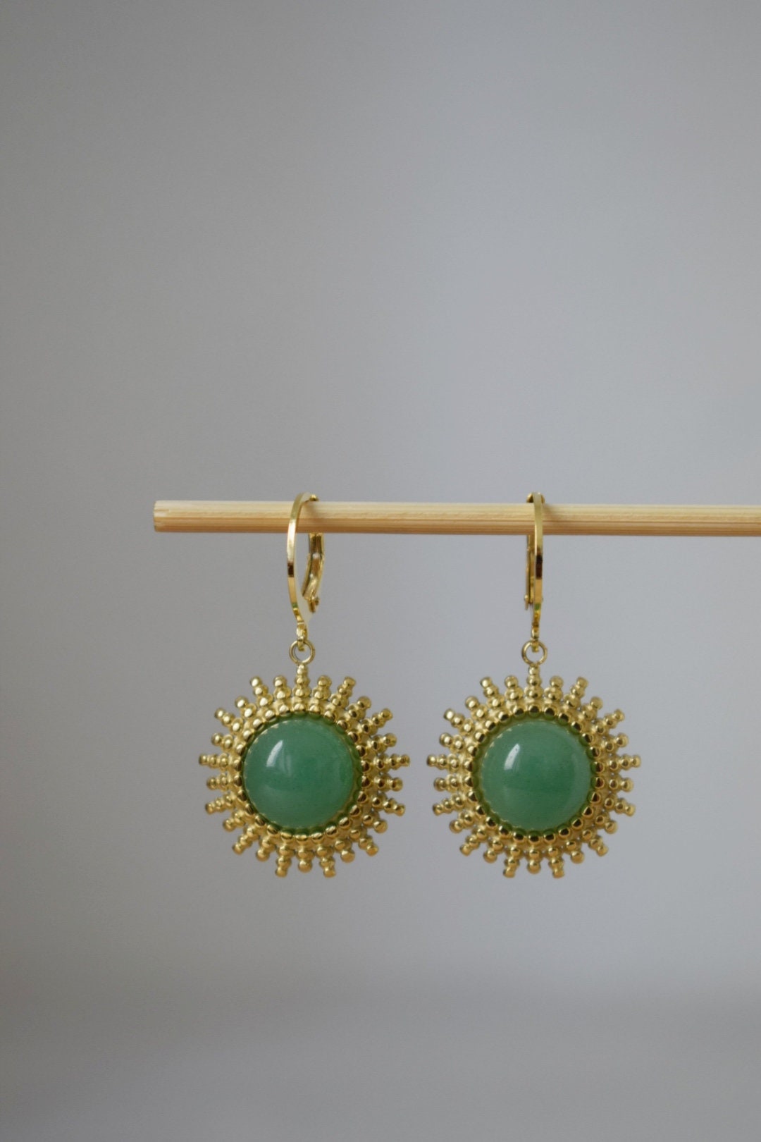 Aventurine earrings gold, Sun rays huggie earrings, Sunburst, Green gemstone drop earrings, Celestial, Aventurine jewelry, Gift for her