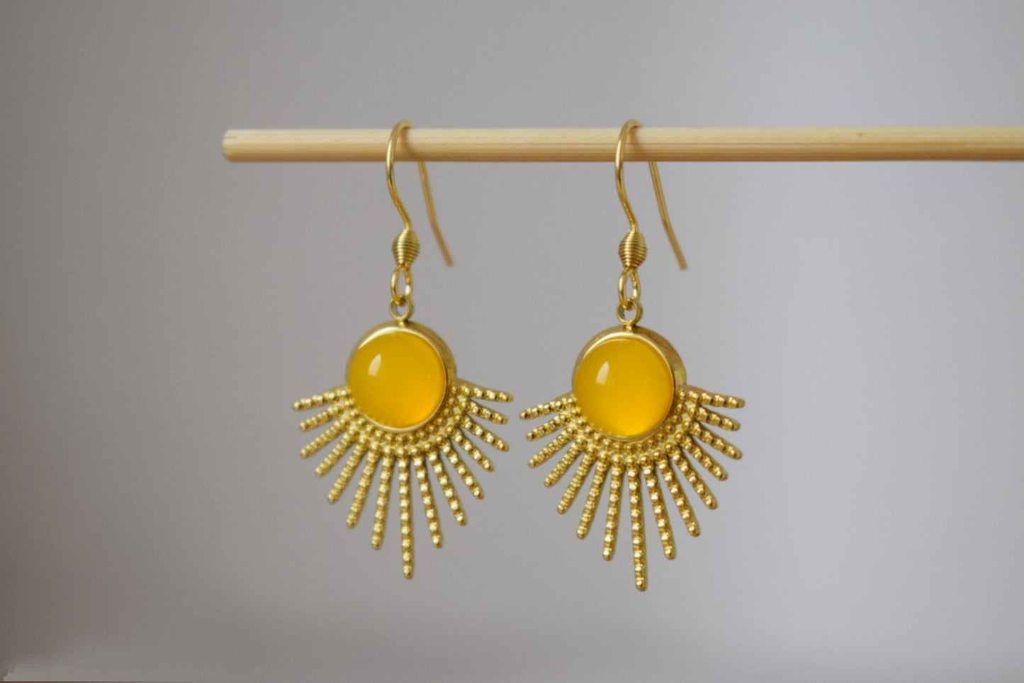 Sun earrings, Yellow agate earrings, Sun rays earrings, Sunburst, Gemstone earrings, Celestial, Gold plated glowing jewelry, Gift for her