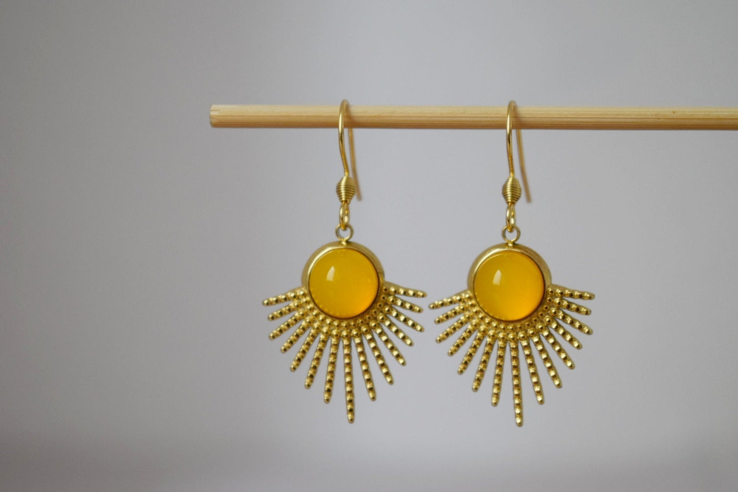 Sun earrings, Yellow agate earrings, Sun rays earrings, Sunburst, Gemstone earrings, Celestial, Gold plated glowing jewelry, Gift for her