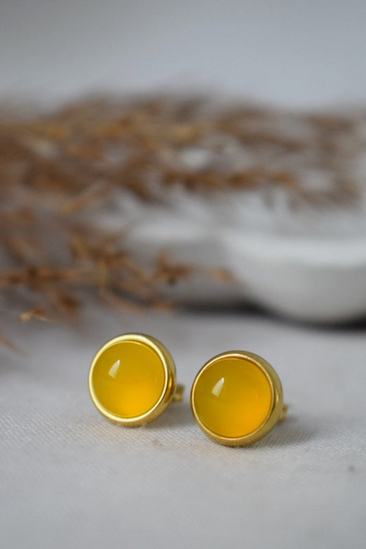 Yellow agate 8mm stud earrings gold plated stainless steel small round gemstone earrings, Unisex jewelry giftBest christmas gift