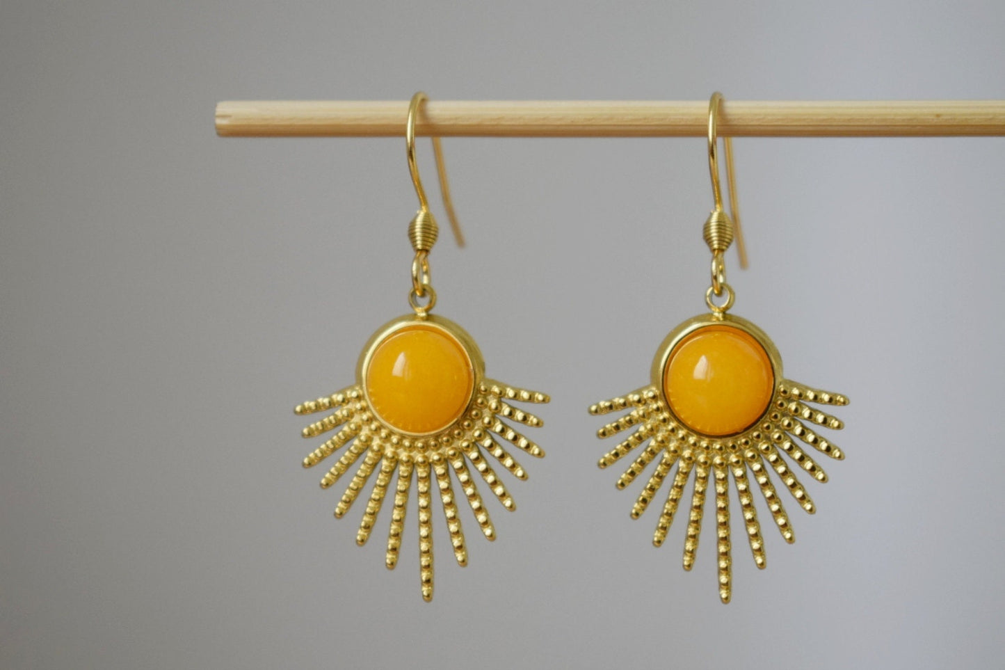 Yellow jade earrings, Sun rays dangling earrings, Sunburst, Gemstone drop earrings, Celestial, 18k gold plated stainless steel, Jewelry gift