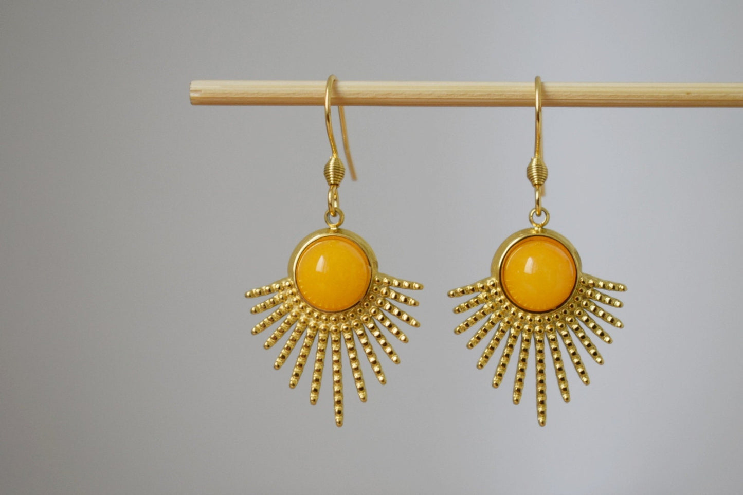 Yellow jade earrings, Sun rays dangling earrings, Sunburst, Gemstone drop earrings, Celestial, 18k gold plated stainless steel, Jewelry gift