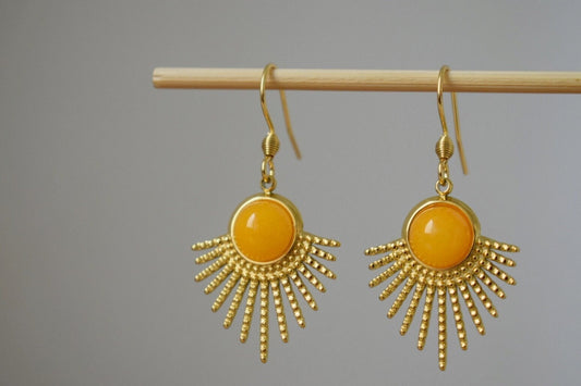 Yellow jade earrings, Sun rays dangling earrings, Sunburst, Gemstone drop earrings, Celestial, 18k gold plated stainless steel, Jewelry gift