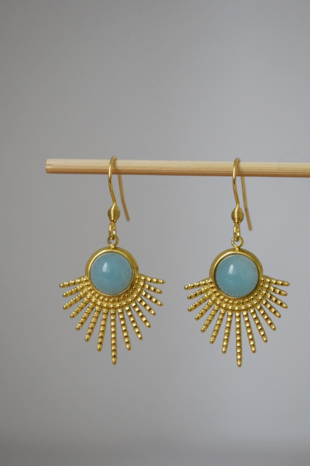 Aquamarine quartz earrings, Sun rays dangling earrings, Sunburst, Gemstone drop earrings, Celestial jewelry, 18k gold plated stainless steel