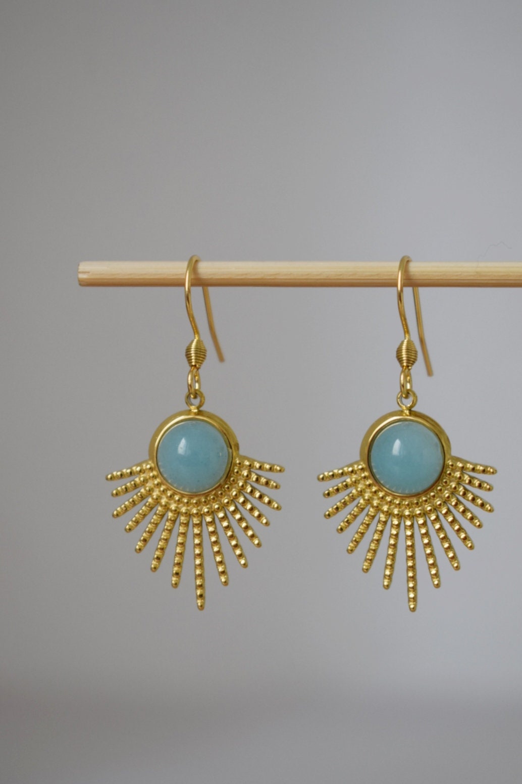 Aquamarine quartz earrings, Sun rays dangling earrings, Sunburst, Gemstone drop earrings, Celestial jewelry, 18k gold plated stainless steel