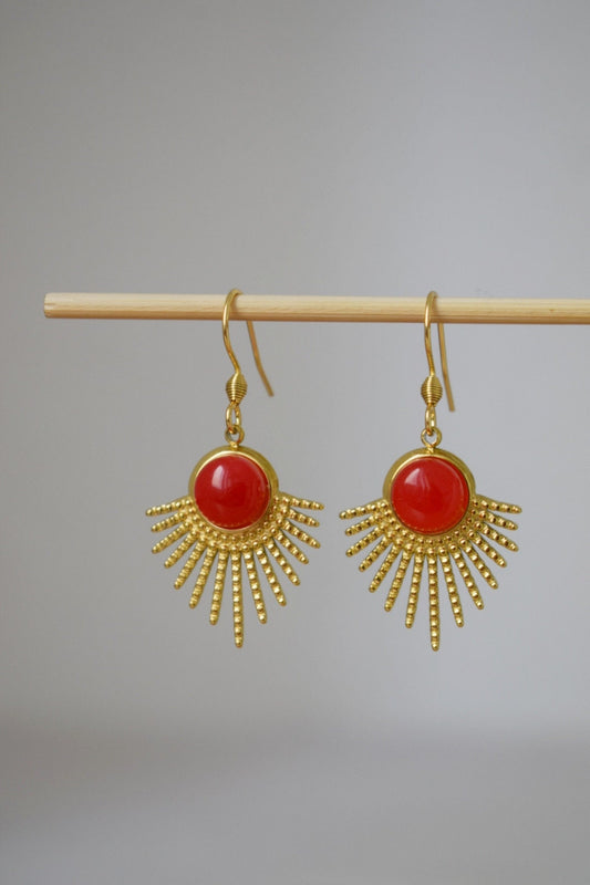 Red jade earrings, Sun rays dangling earrings, Sunburst, Gemstone drop earrings, Celestial, 18k gold plated stainless steel, Jewelry gift