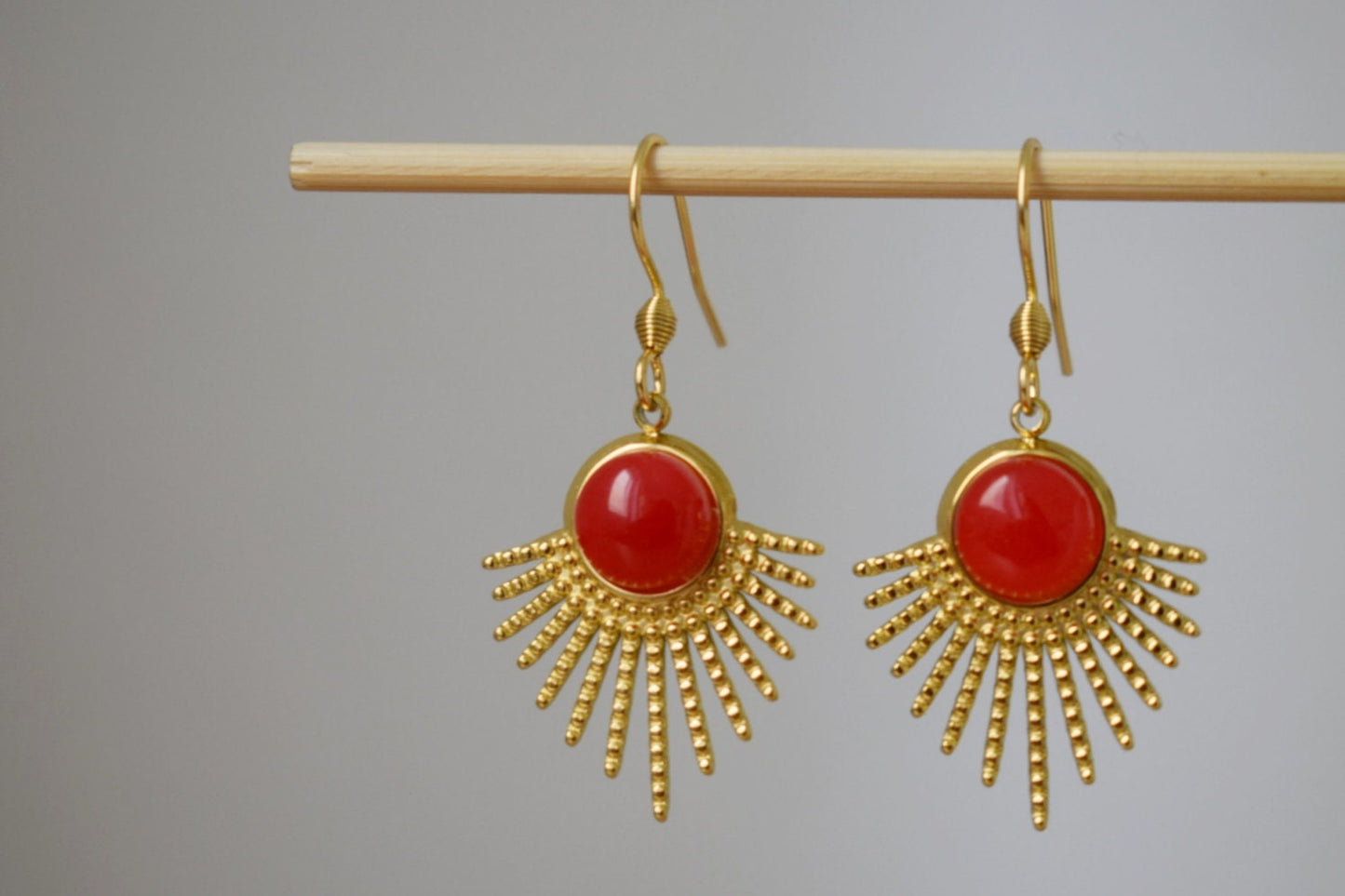Red jade earrings, Sun rays dangling earrings, Sunburst, Gemstone drop earrings, Celestial, 18k gold plated stainless steel, Jewelry gift