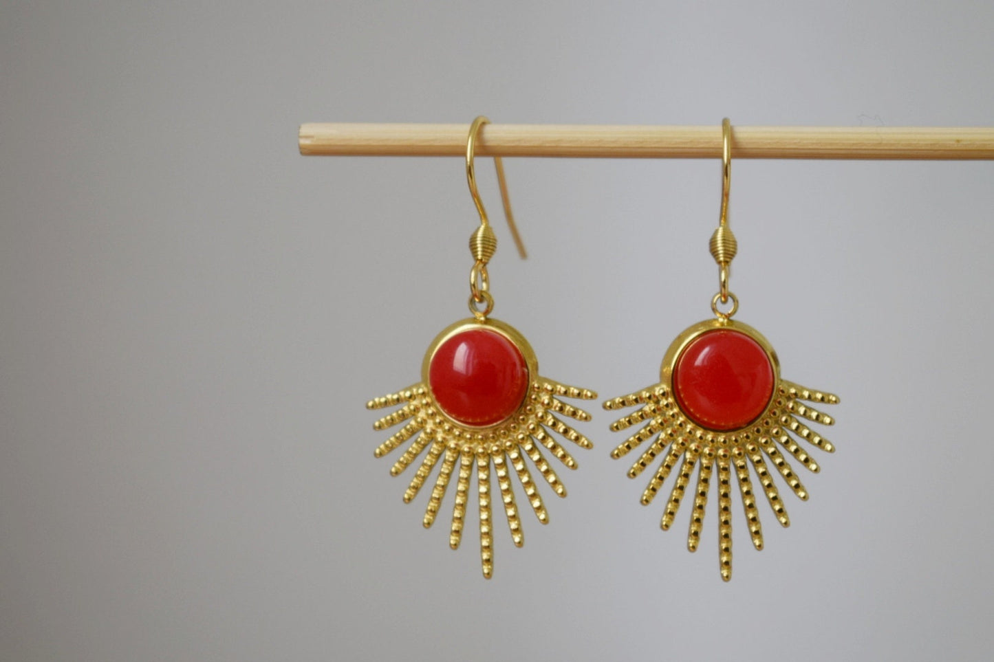 Red jade earrings, Sun rays dangling earrings, Sunburst, Gemstone drop earrings, Celestial, 18k gold plated stainless steel, Jewelry gift