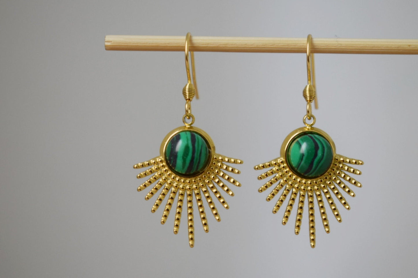 Malachite earrings, Sun rays dangling earrings, Sunburst, Gemstone drop earrings, Celestial, 18k gold plated stainless steel, Jewelry gift