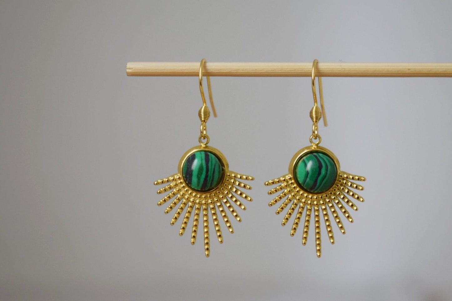Malachite earrings, Sun rays dangling earrings, Sunburst, Gemstone drop earrings, Celestial, 18k gold plated stainless steel, Jewelry gift