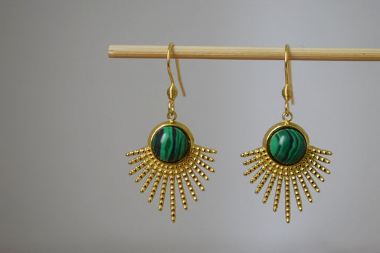 Malachite earrings, Sun rays dangling earrings, Sunburst, Gemstone drop earrings, Celestial, 18k gold plated stainless steel, Jewelry gift