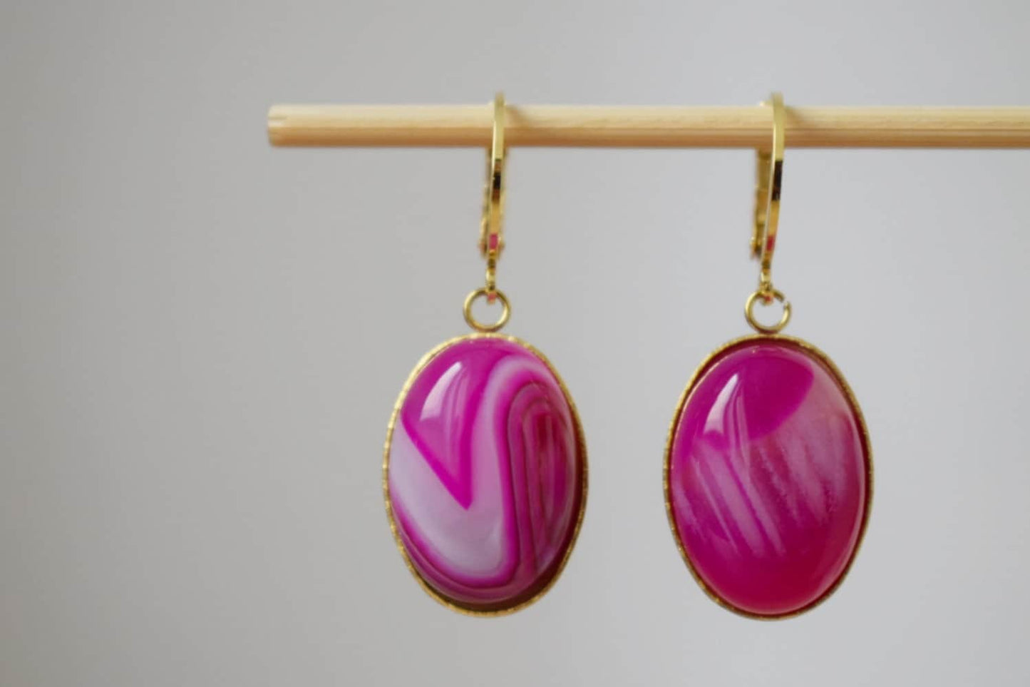 Huggie Earrings With Banded Pink Agate, Oval Gemstone Pendant, Pink Gold, Boho Jewelry, Unique Gift for her