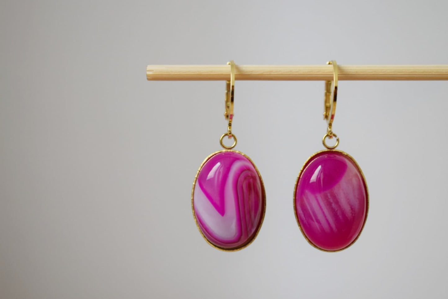 Huggie Earrings With Banded Pink Agate, Oval Gemstone Pendant, Pink Gold, Boho Jewelry, Unique Gift for her