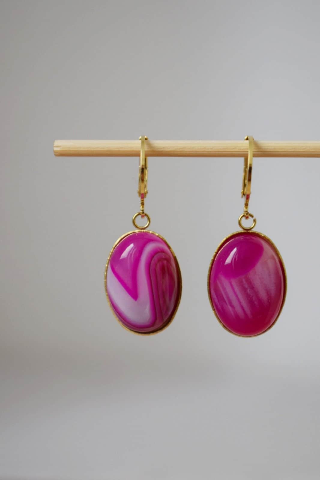 Huggie Earrings With Banded Pink Agate, Oval Gemstone Pendant, Pink Gold, Boho Jewelry, Unique Gift for her