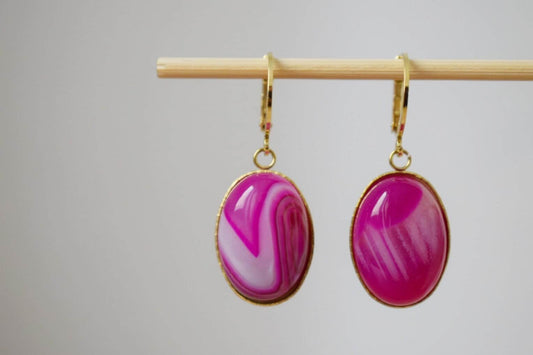 Huggie Earrings With Banded Pink Agate, Oval Gemstone Pendant, Pink Gold, Boho Jewelry, Unique Gift for her