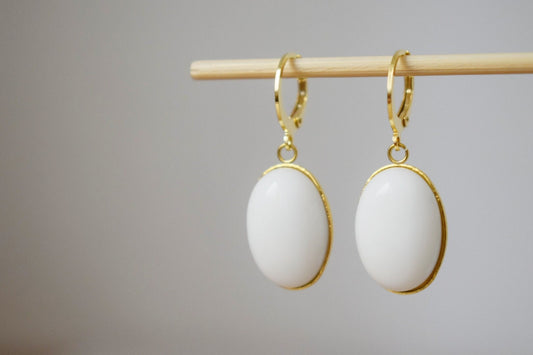 White jade earrings, Huggie hoops, Oval gemstone dangle earrings, Hanging stone earrings, Jade gold plated jewelry, Gifts for women