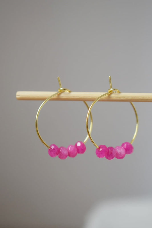 Pink jade hoop earrings, Gemstone bead creole, 18k gold plated stainless steel hoop, Minimalist earrings, Boho handmade jewelry gift for her