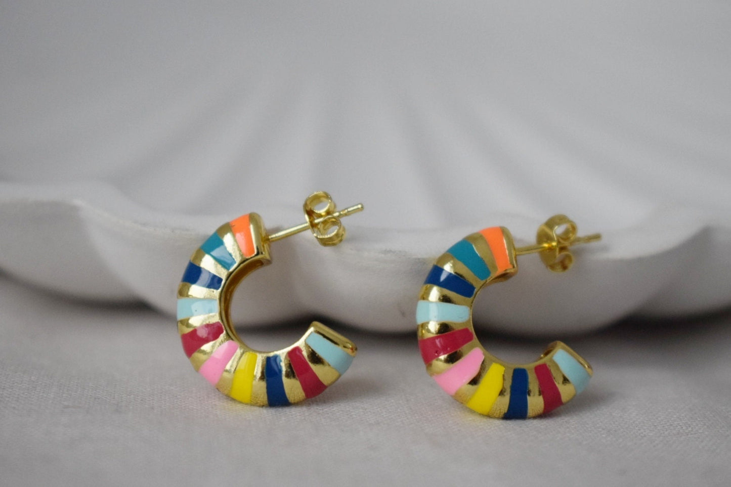 Half hoop colorful enamel stud earrings, Semi circle earrings, 18k gold plated C shape earrings, Statement chunky hoops, Modern, Gift women