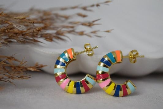 Half hoop colorful enamel stud earrings, Semi circle earrings, 18k gold plated C shape earrings, Statement chunky hoops, Modern, Gift women