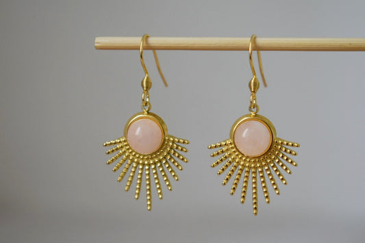 Rose quartz dangle earrings, Sun earrings, Sun rays earrings, Sunburst, Gemstone earrings, Celestial, Gold plated jewelry, Gift for her