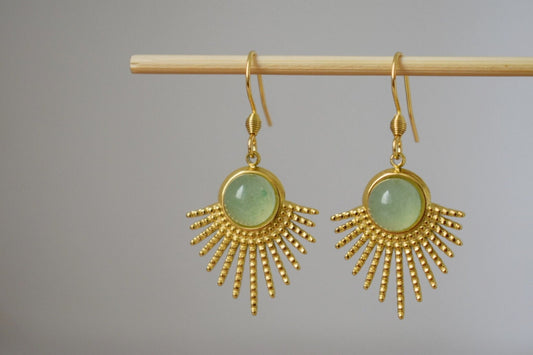 Aventurine earrings gold, Sun rays dangle earrings, Sunburst, Green gemstone, 18k gold plated stainless steel, Celestial, Aventurine jewelry
