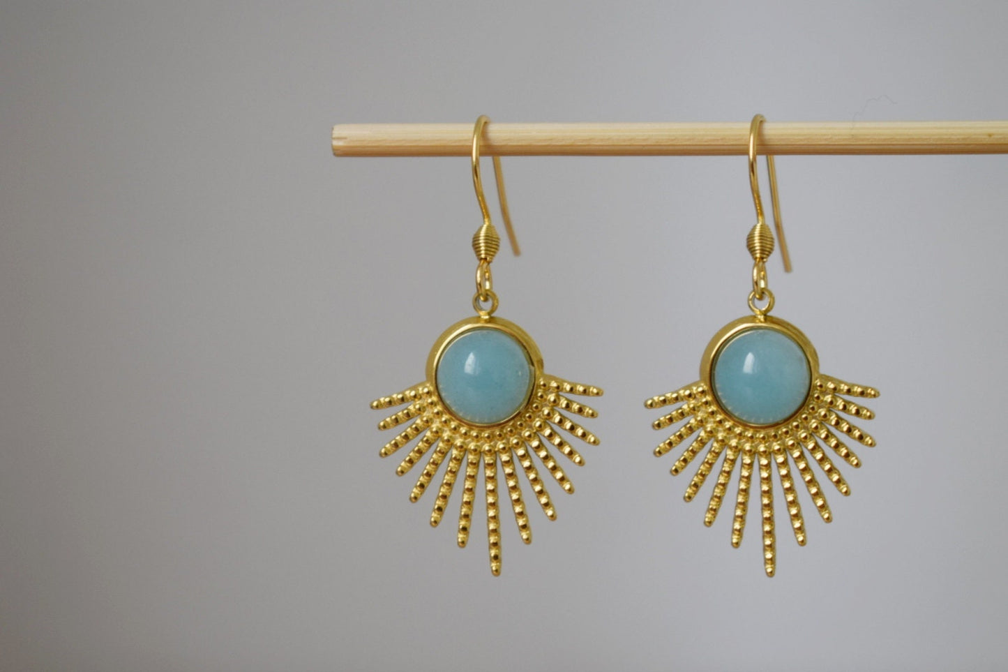 Aquamarine quartz earrings, Sun rays dangling earrings, Sunburst, Gemstone drop earrings, Celestial jewelry, 18k gold plated stainless steel