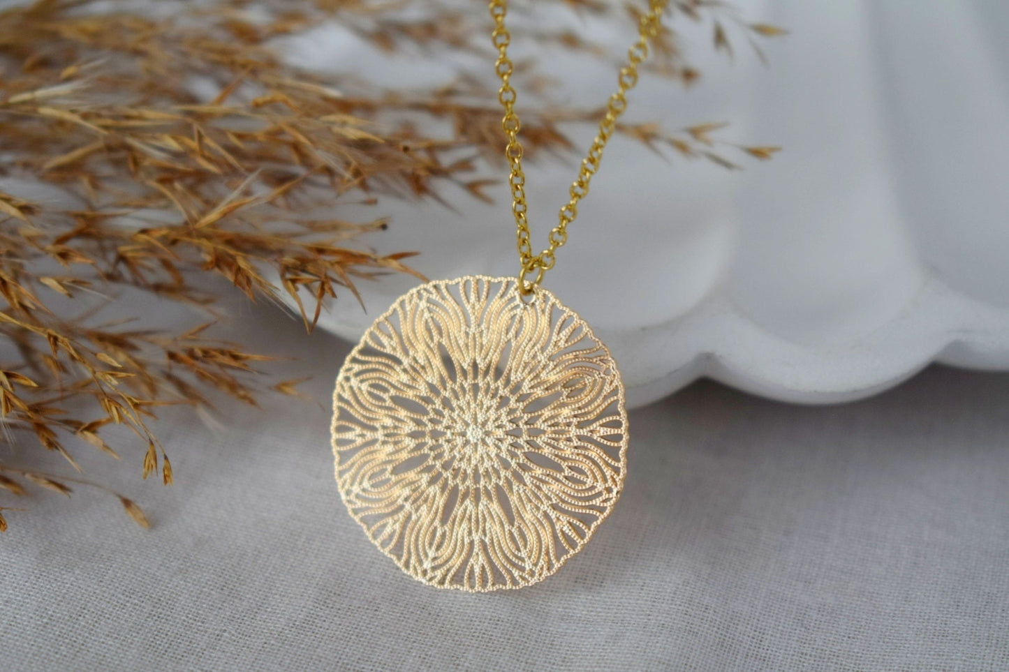 Ornament necklace for women, Mandala earrings, Stainless steel gold plated necklace, Boho filigree pendant, Mandala jewelry, Gift for her