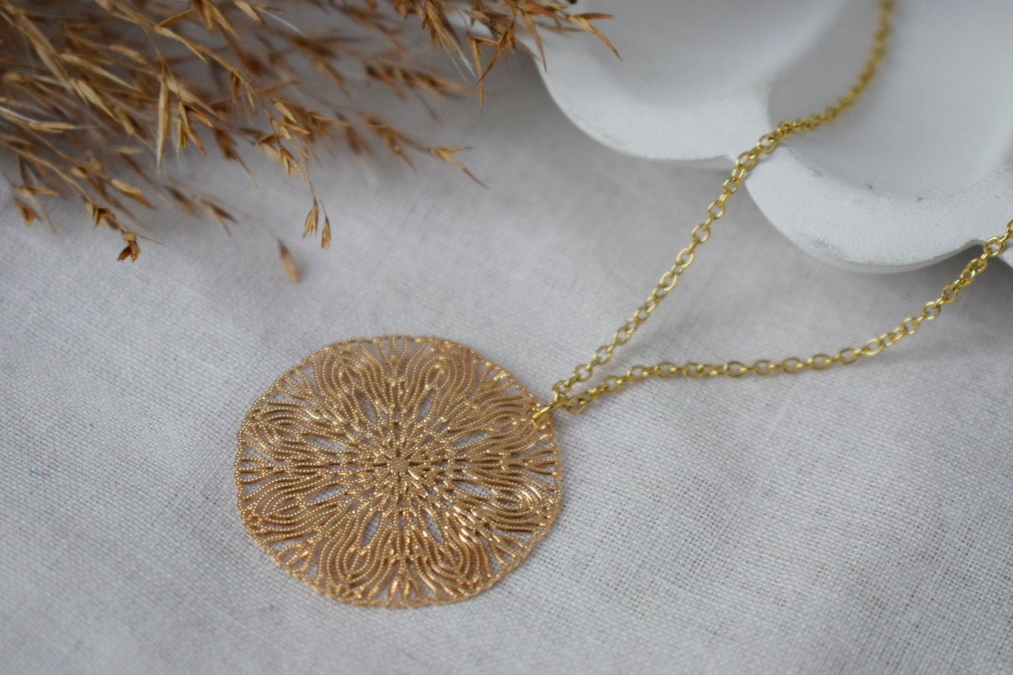 Ornament necklace for women, Mandala earrings, Stainless steel gold plated necklace, Boho filigree pendant, Mandala jewelry, Gift for her