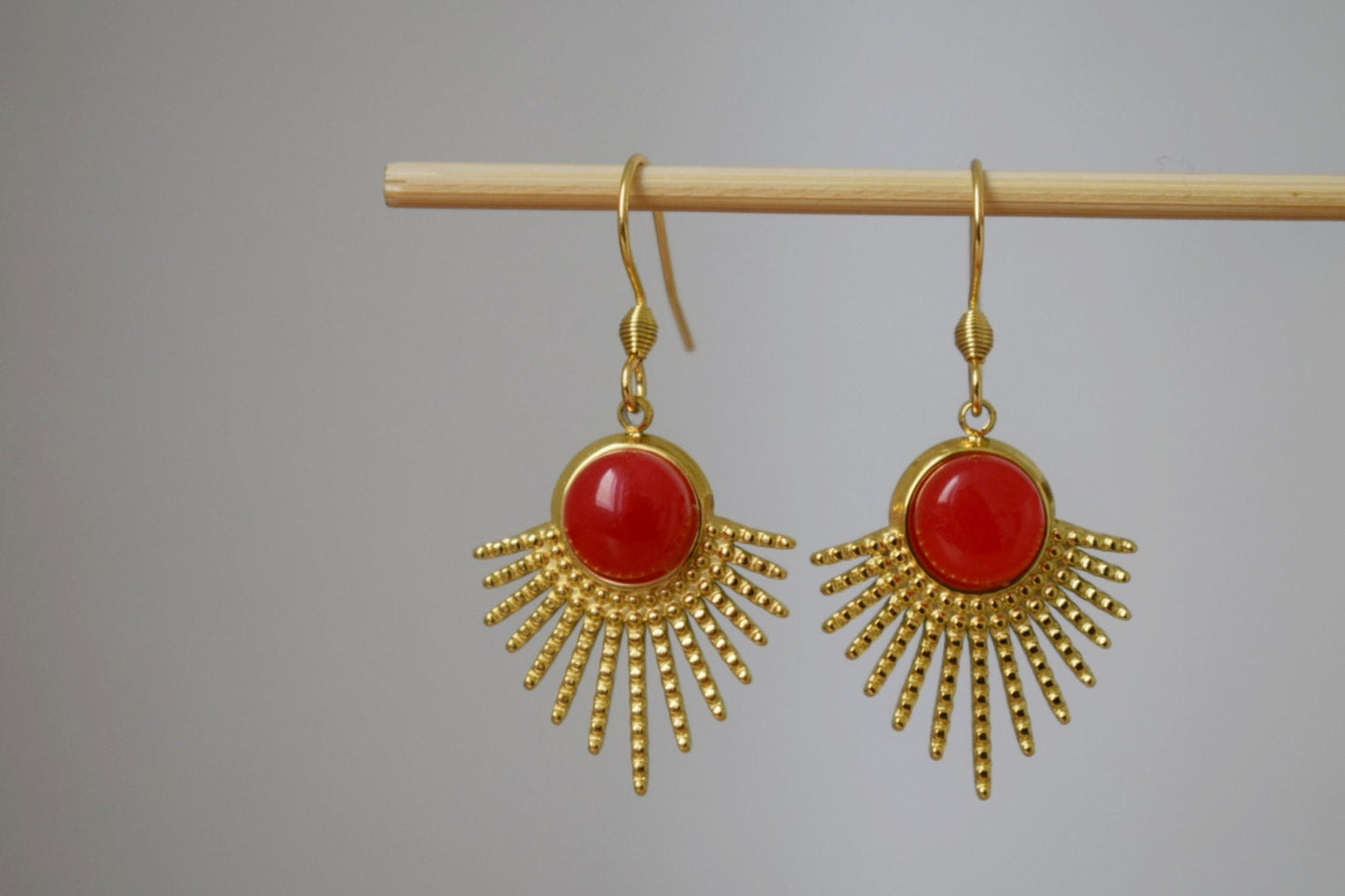 Red jade earrings, Sun rays dangling earrings, Sunburst, Gemstone drop earrings, Celestial, 18k gold plated stainless steel, Jewelry gift