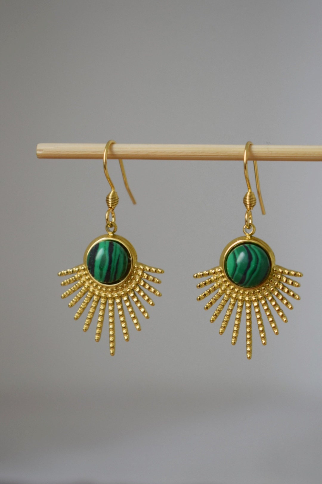 Malachite earrings, Sun rays dangling earrings, Sunburst, Gemstone drop earrings, Celestial, 18k gold plated stainless steel, Jewelry gift