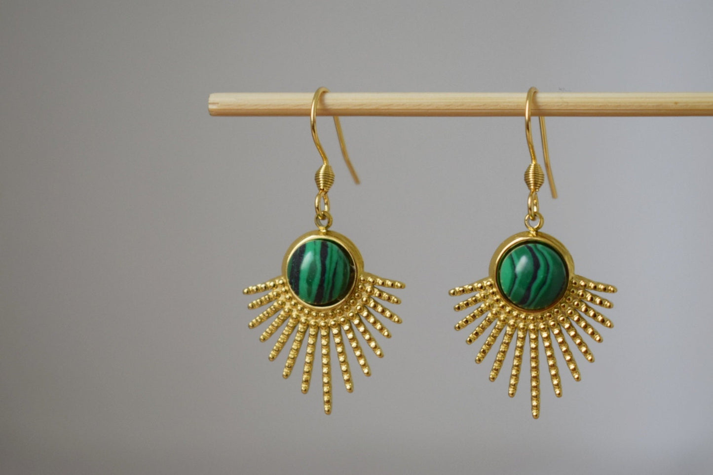 Malachite earrings, Sun rays dangling earrings, Sunburst, Gemstone drop earrings, Celestial, 18k gold plated stainless steel, Jewelry gift