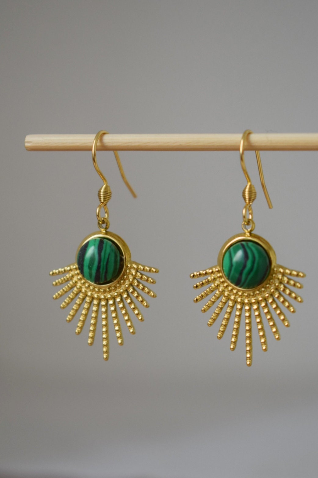 Malachite earrings, Sun rays dangling earrings, Sunburst, Gemstone drop earrings, Celestial, 18k gold plated stainless steel, Jewelry gift