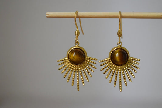 Tiger eye earrings gold, Sun rays dangle earrings, Sunburst, Brown gold gemstone, 18k gold plated stainless steel, Celestial jewelry