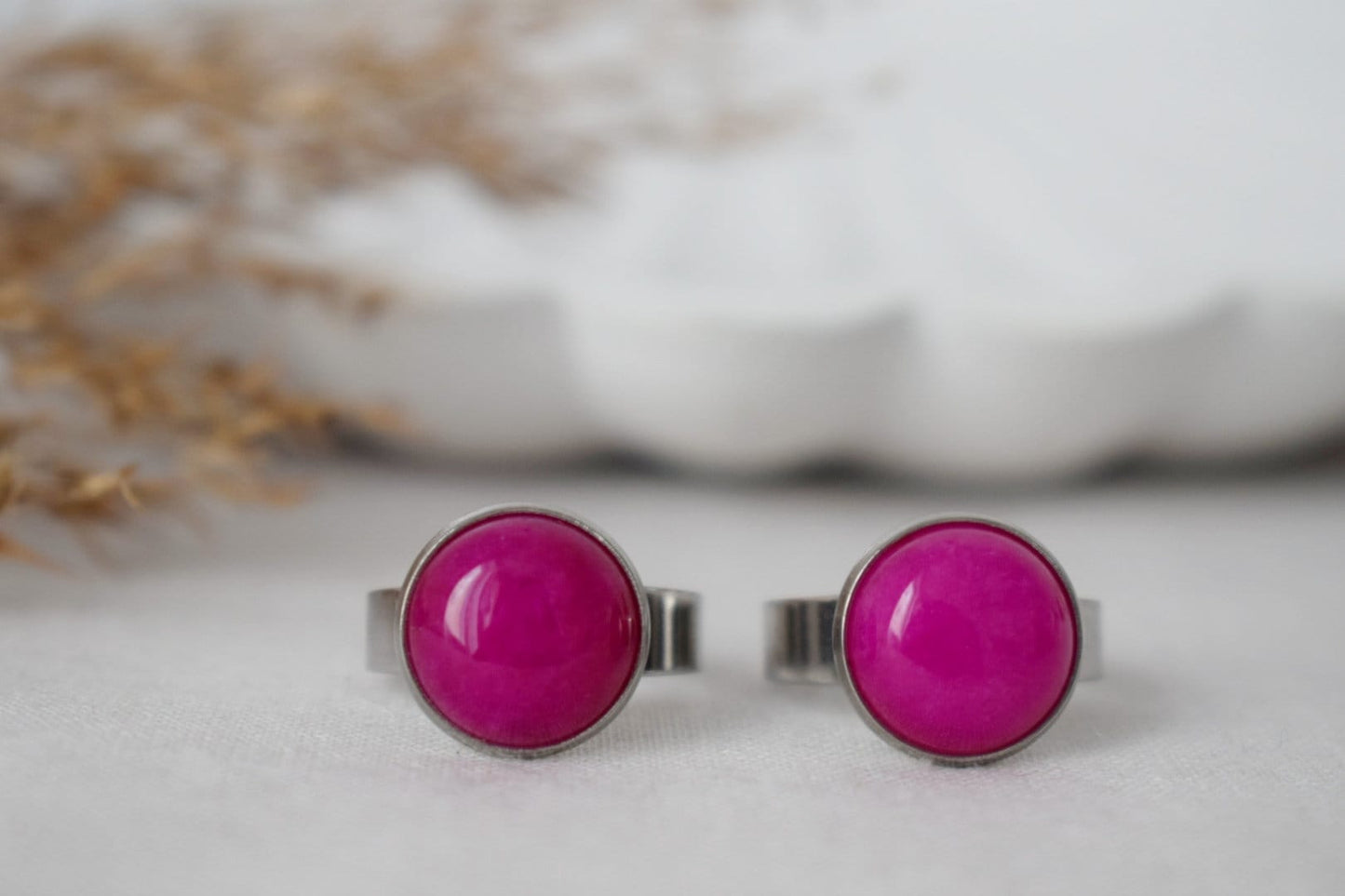 Hot pink jade ring, Magenta pink, Statement gemstone adjustable ring women, Round stone ring, Pink silver color, Jewelry birthday gift her