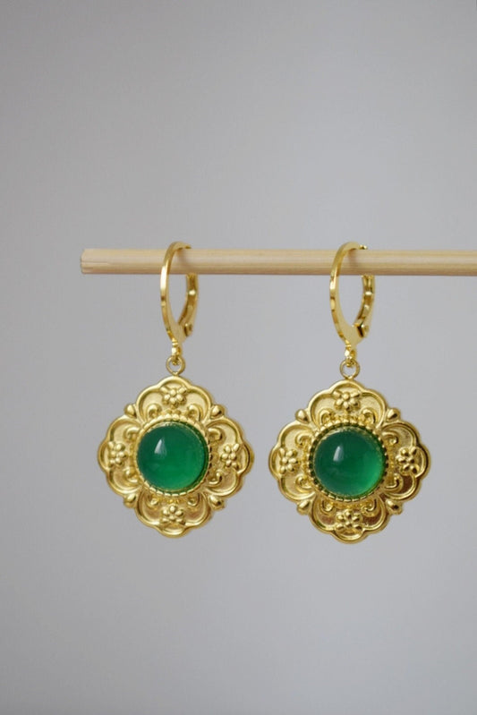 Ornament green agate earrings, Flower dangling earrings, Gemstone huggie hoops, Natural stone, Handmade jewelry gift for her