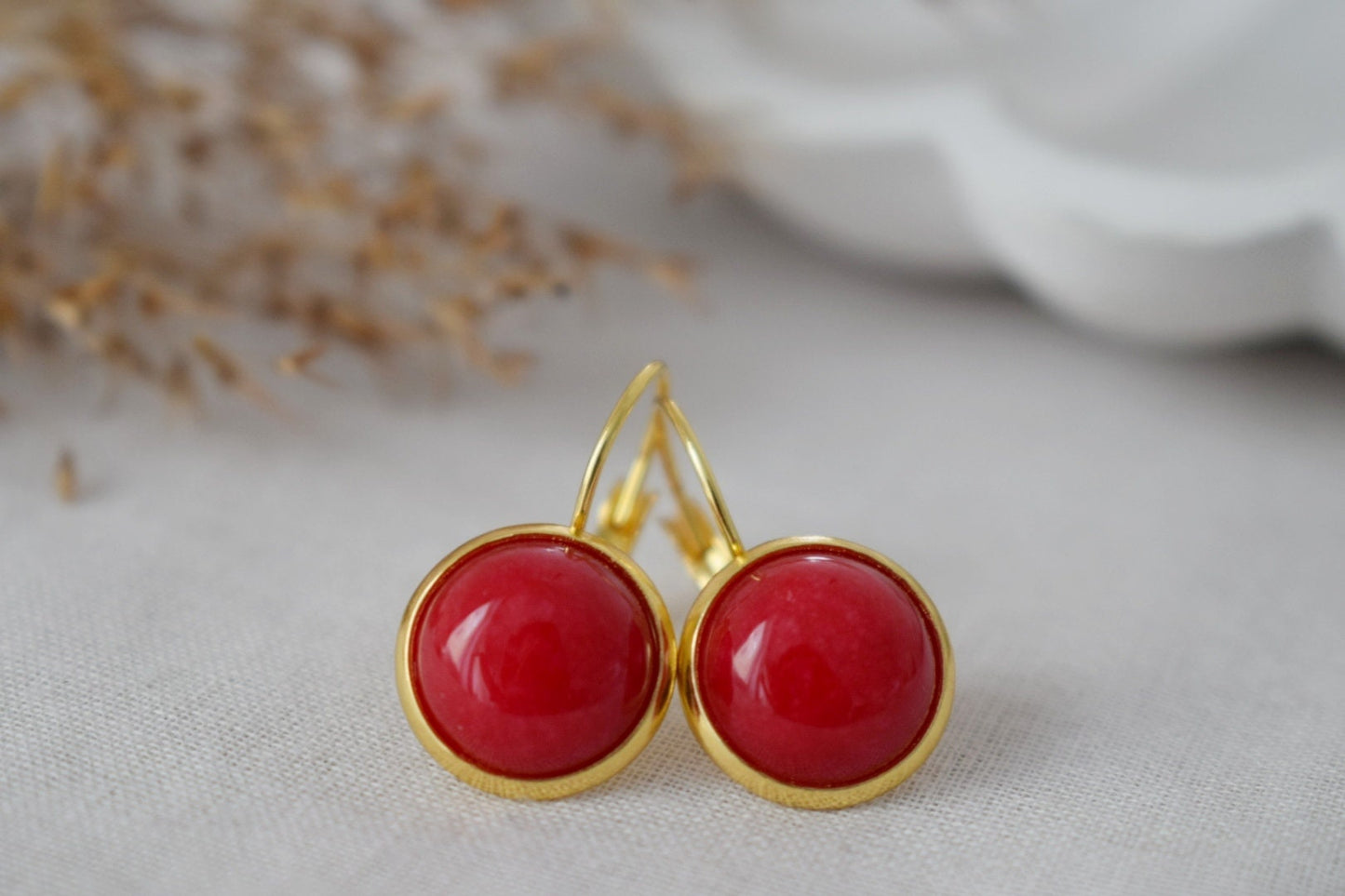 Red Jade Earrings Gold, 12mm Gemstone Dangle Earrings, Stone Hanging Earrings, Red Stone Lever Back Earrings, Jade Jewelry, Gift For Her